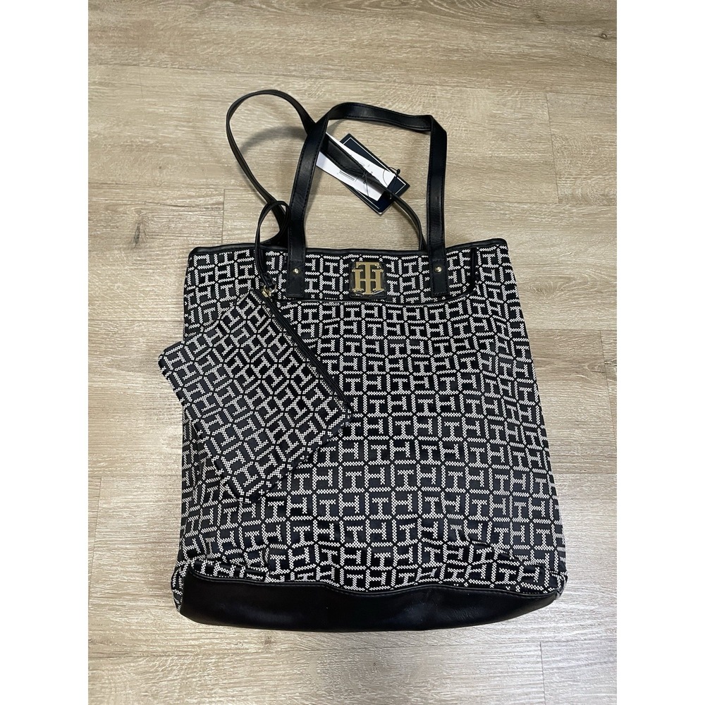 Tommy Hilfiger Navy Monogram Tote Bag Snap Closure Inner Pockets Gold Hardware
